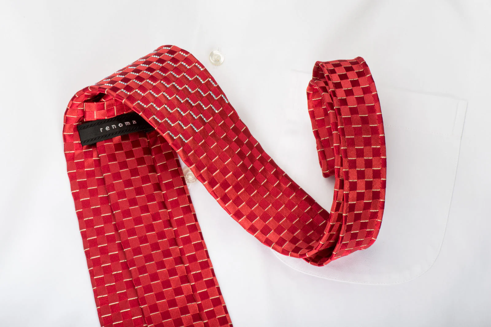 Renoma Rhinestone Silk Necktie Chevron Checker On Red With Silver Sparkles - Image 5
