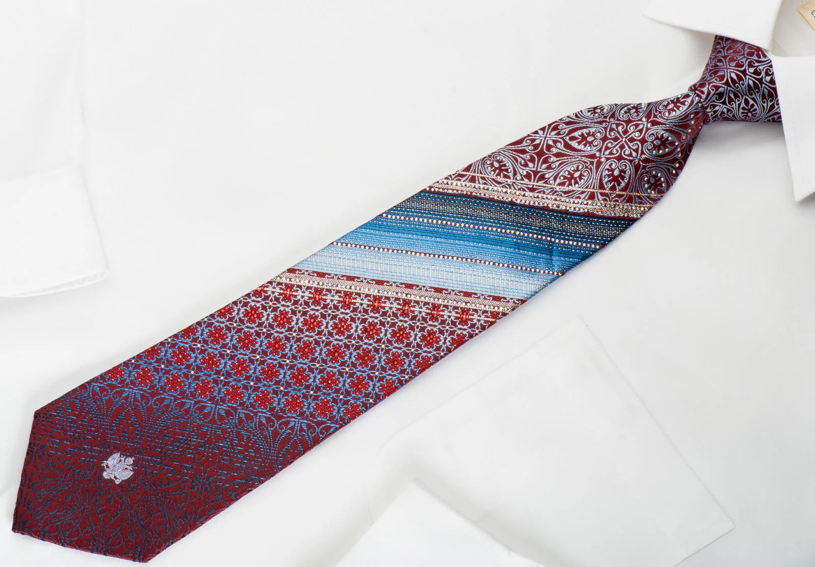 Renoma Rhinestone Silk Necktie Damask On Burgundy With Sparkles - Image 3