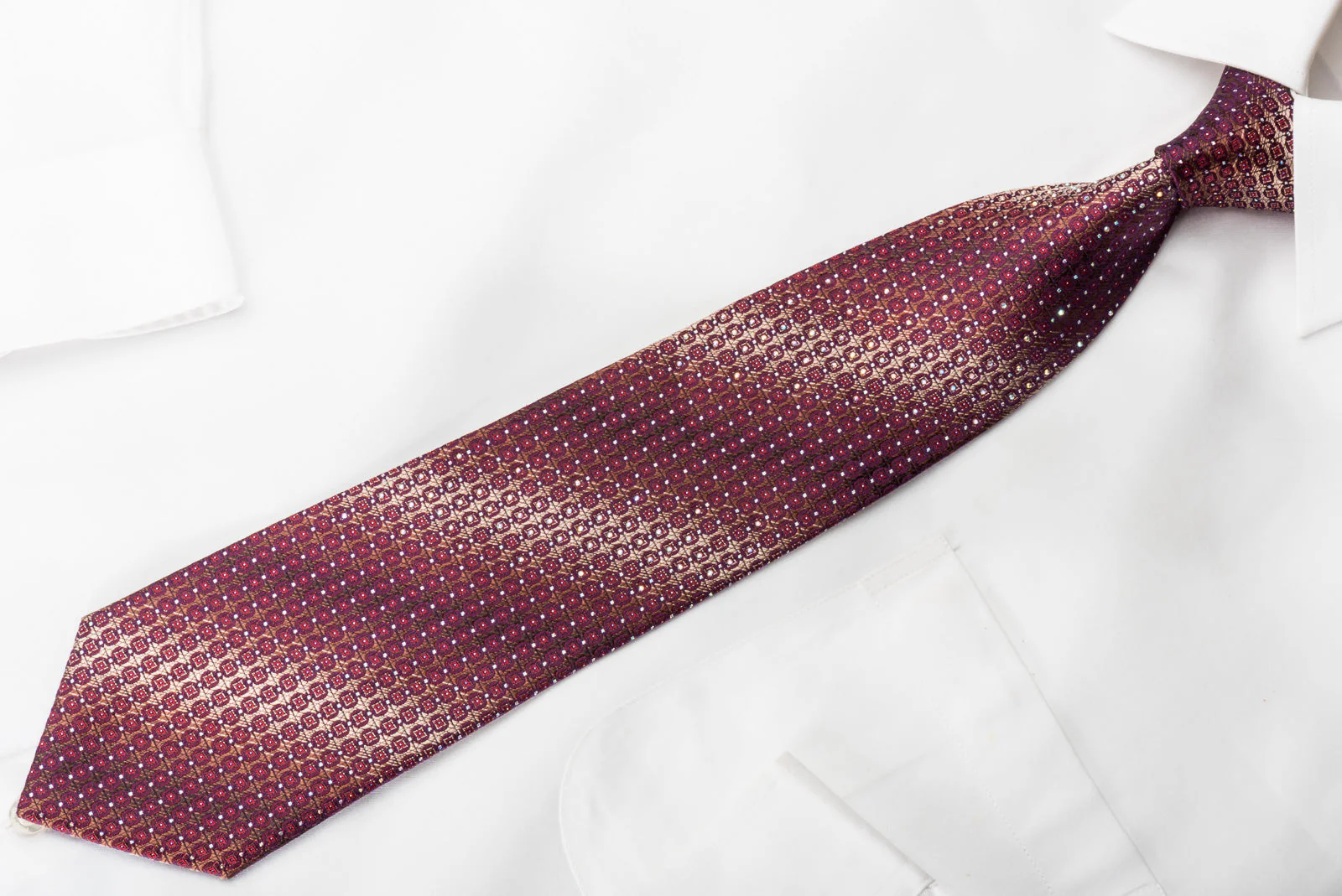 Renoma Rhinestone Silk Necktie Dots On Burgundy With Silver Sparkles - Image 2