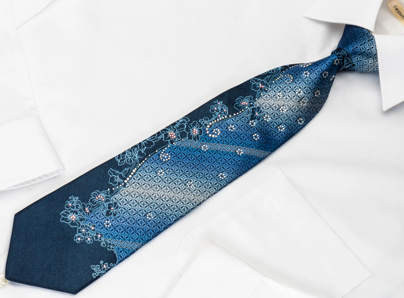 Renoma Rhinestone Silk Necktie Floral On Blue With Silver Sparkles - Image 8