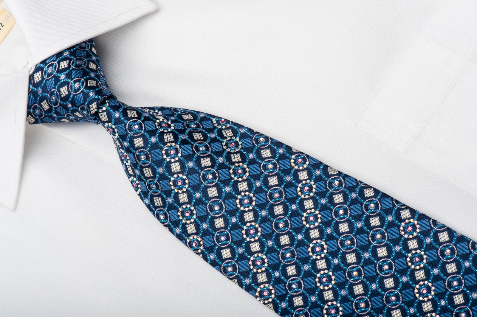 Renoma Rhinestone Silk Necktie Geometric On Blue With Sparkles - Image 2