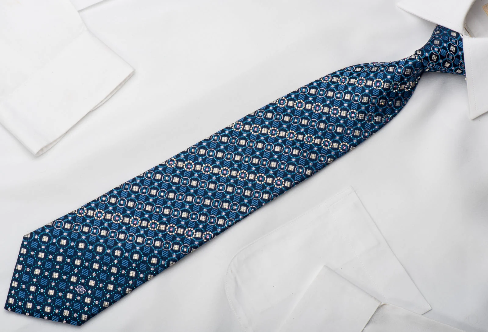 Renoma Rhinestone Silk Necktie Geometric On Blue With Sparkles - Image 4