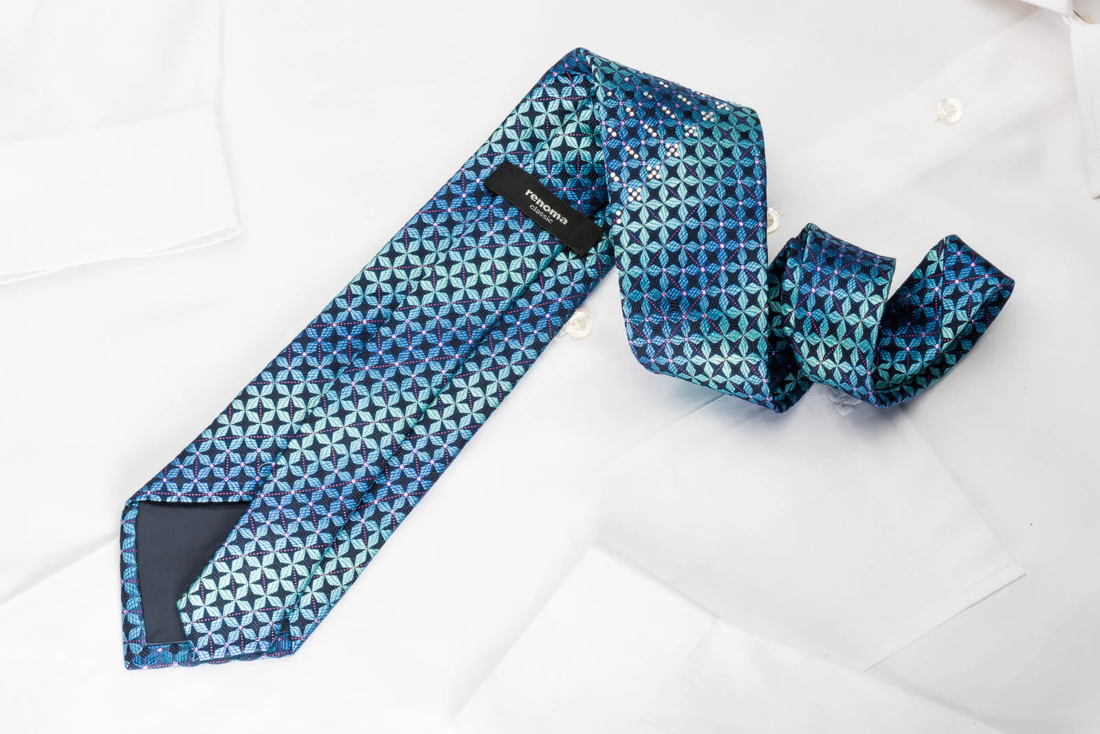 Renoma Rhinestone Silk Necktie Geometric On Navy With Purple Sparkles - Image 4