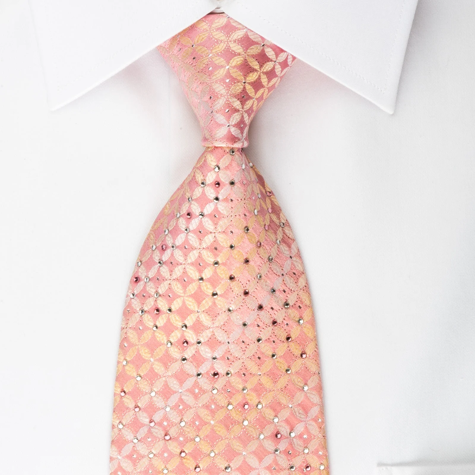 Renoma Rhinestone Silk Necktie Geometric On Pink With Silver Sparkles