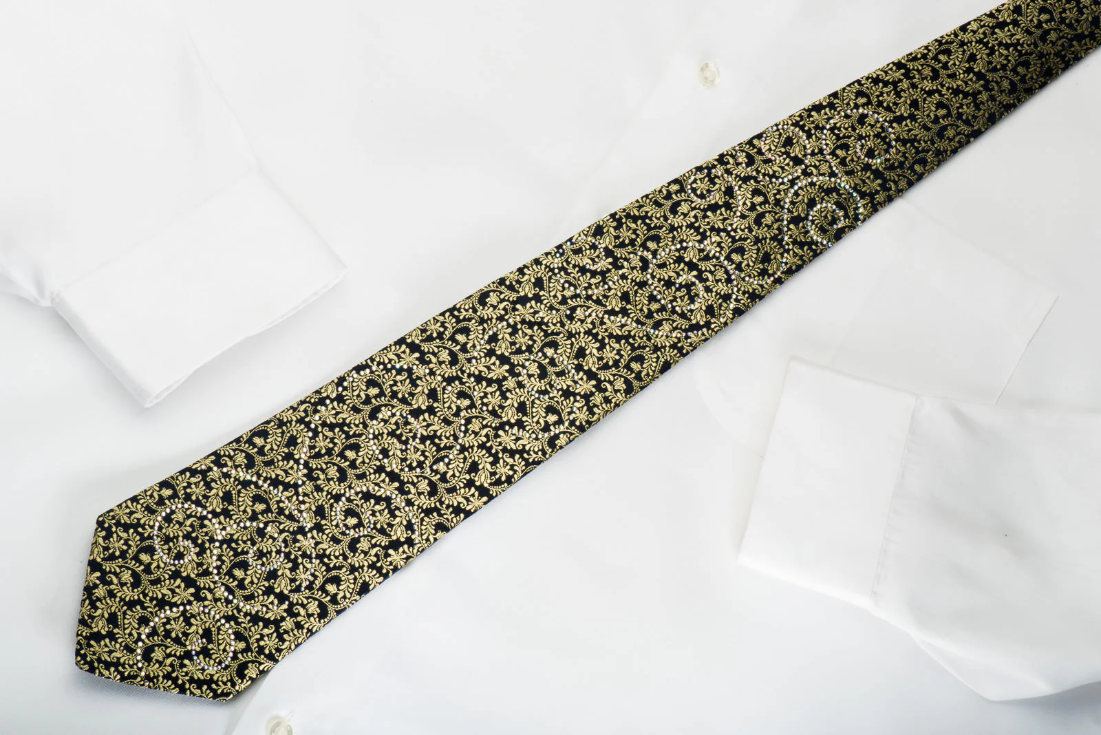 Renoma Rhinestone Silk Necktie Gold Anthemion On Navy With Gold Sparkles - Image 2