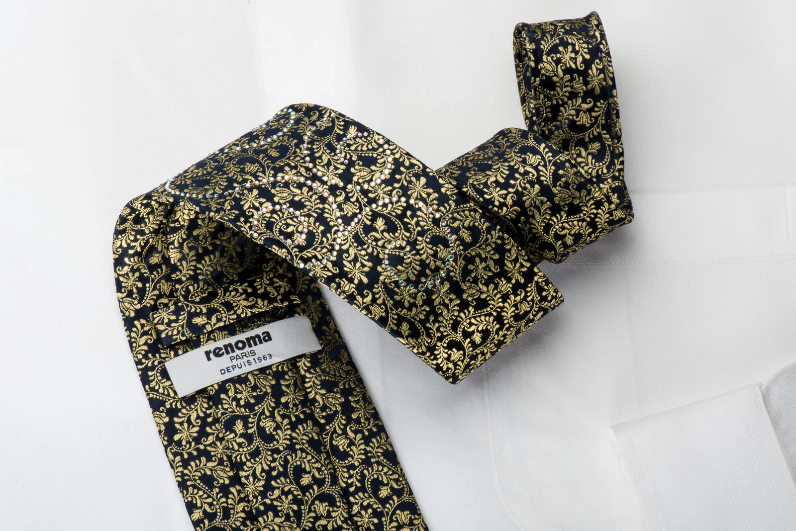 Renoma Rhinestone Silk Necktie Gold Anthemion On Navy With Gold Sparkles - Image 6
