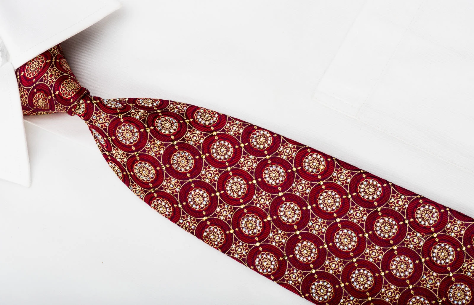Renoma Mens Rhinestone Silk Necktie Gold Floral Medallions On Burgundy With Sparkles - Image 2