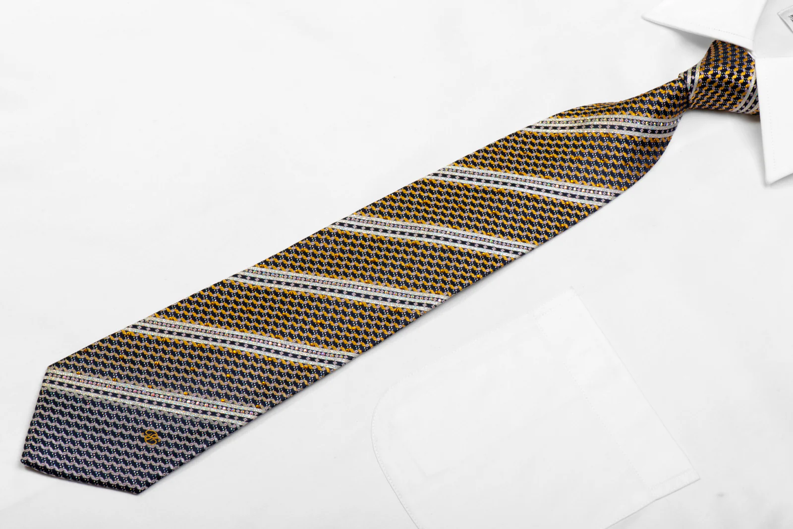 Renoma Rhinestone Silk Necktie Gold Silver Striped On Navy With Sparkles - Image 2