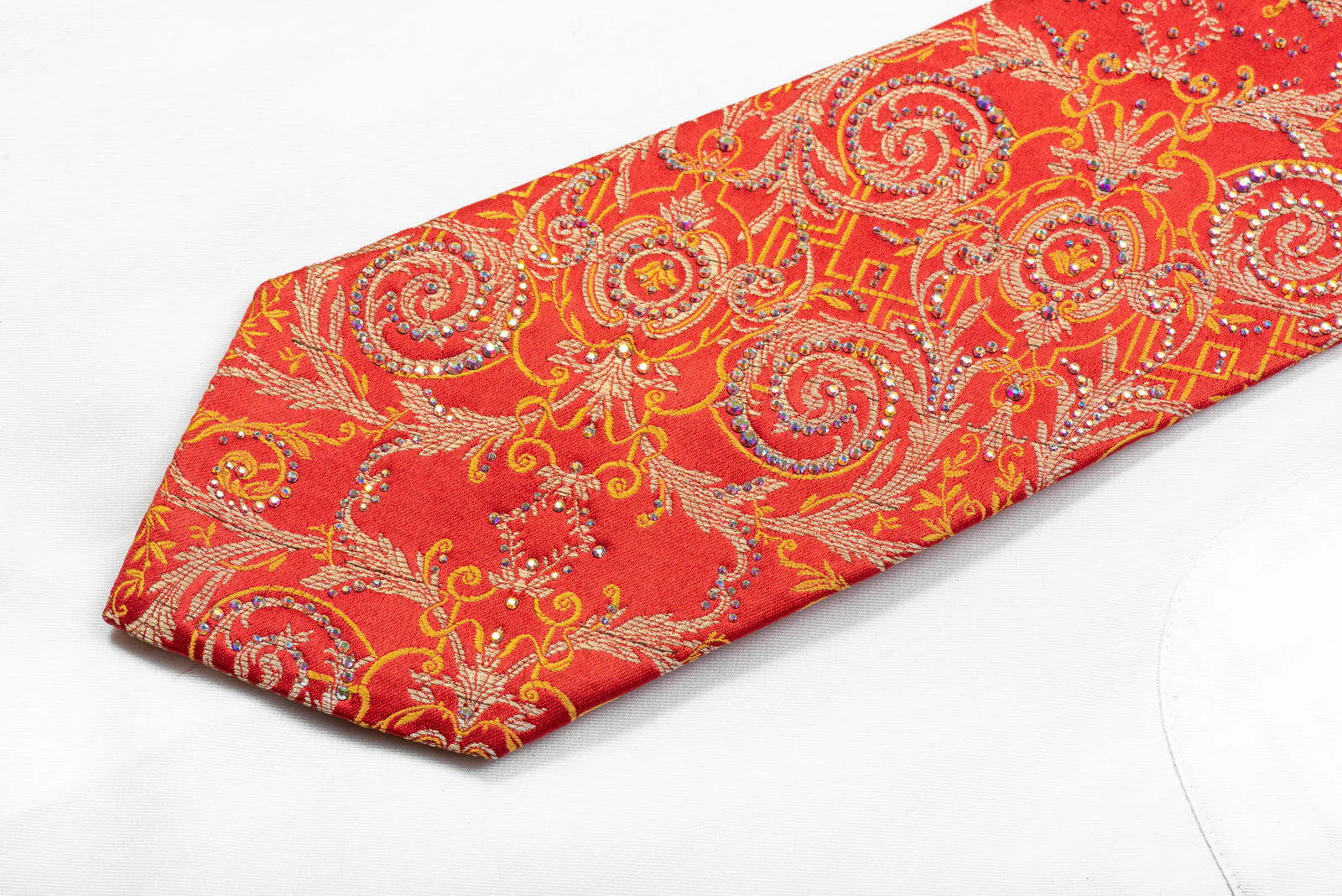Renoma Rhinestone Silk Necktie Golden Acanthus On Red With Sparkles - Image 3