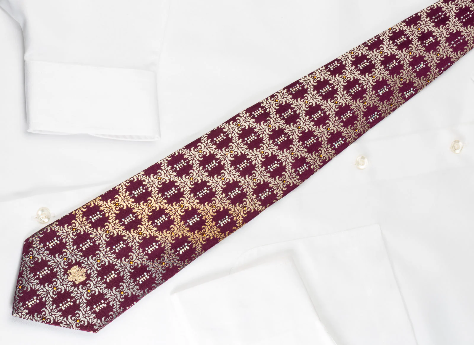 Renoma Rhinestone Silk Necktie Golden Cartouche On Burgundy With Silver Sparkles - Image 2