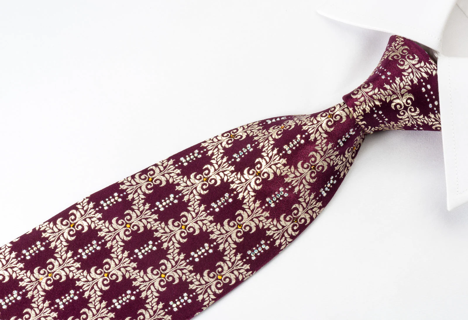 Renoma Rhinestone Silk Necktie Golden Cartouche On Burgundy With Silver Sparkles - Image 3