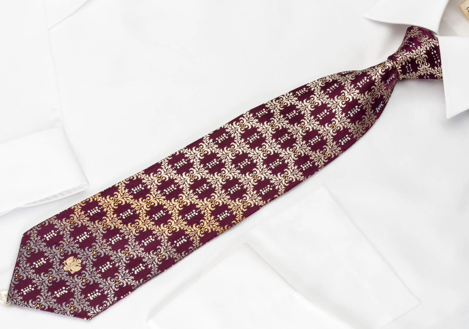 Renoma Rhinestone Silk Necktie Golden Cartouche On Burgundy With Silver Sparkles - Image 7