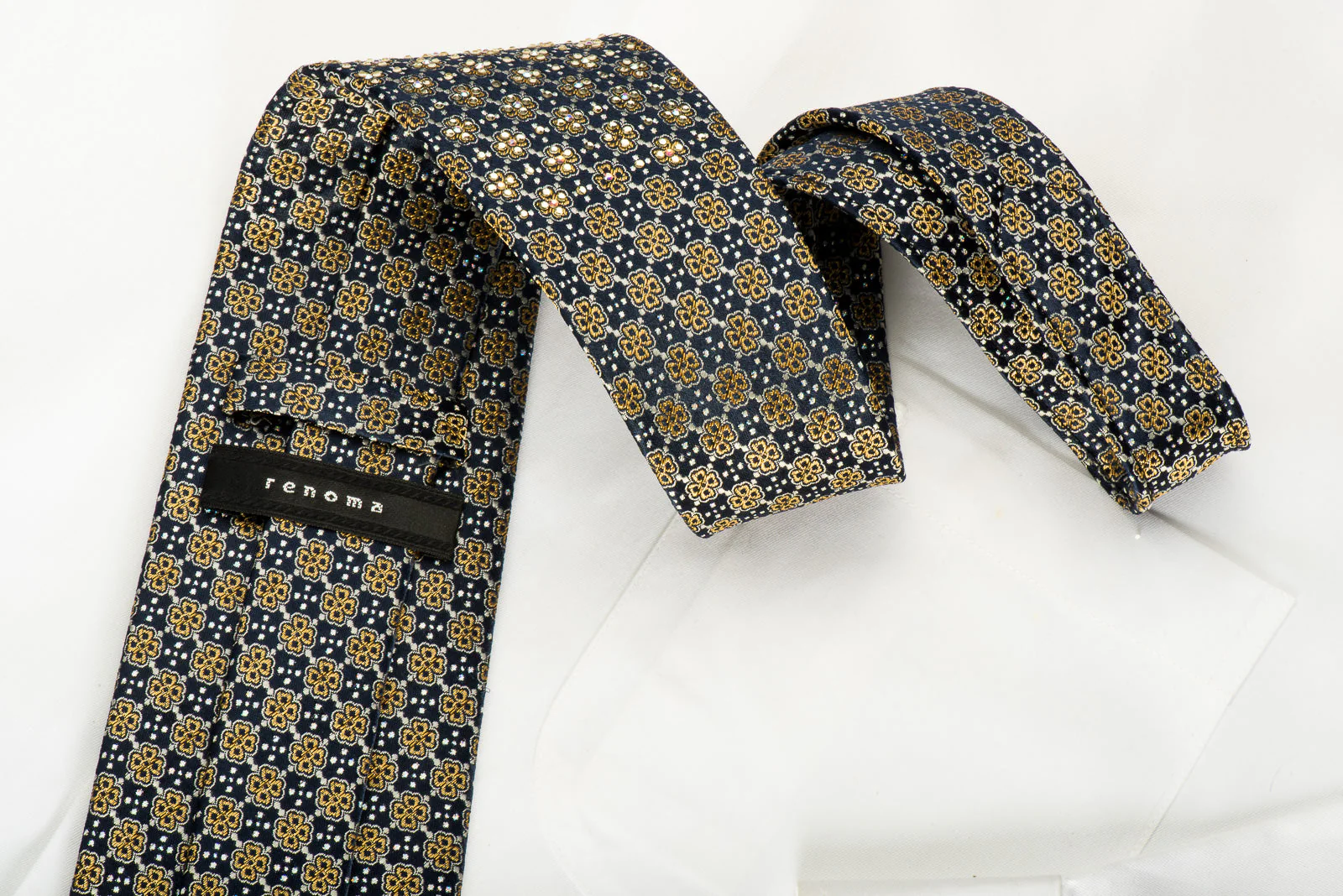 Renoma Rhinestone Silk Necktie Golden Foulard On Navy With Golden Sparkles - Image 2