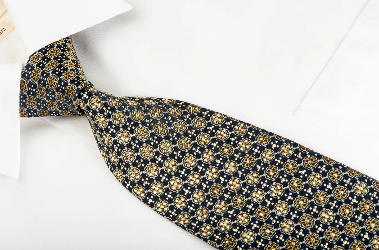 Renoma Rhinestone Silk Necktie Golden Foulard On Navy With Golden Sparkles - Image 4