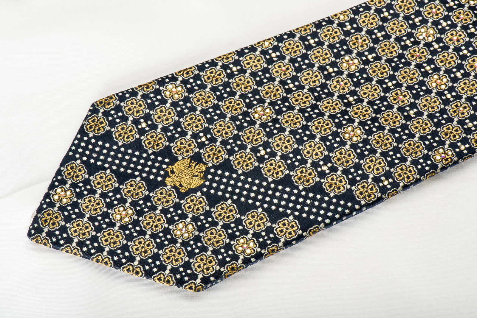 Renoma Rhinestone Silk Necktie Golden Foulard On Navy With Golden Sparkles - Image 5