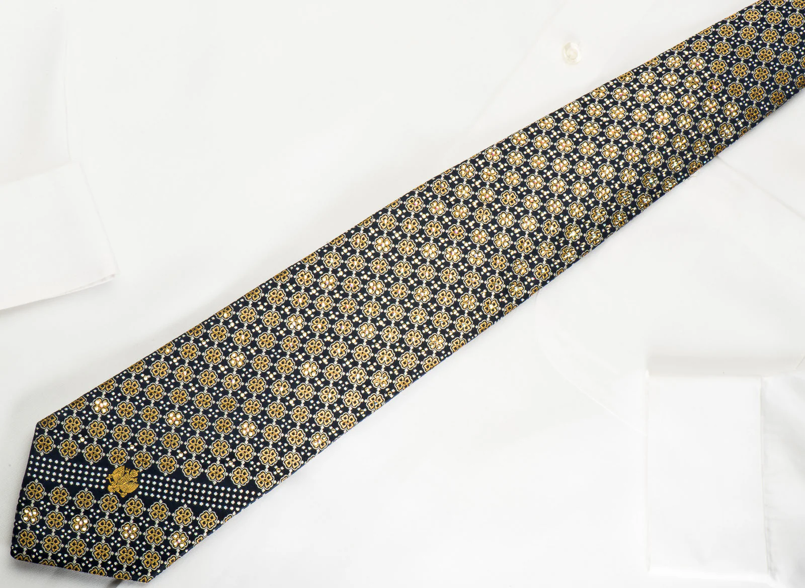 Renoma Rhinestone Silk Necktie Golden Foulard On Navy With Golden Sparkles - Image 6
