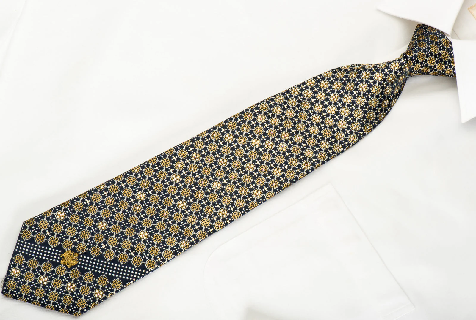 Renoma Rhinestone Silk Necktie Golden Foulard On Navy With Golden Sparkles - Image 7