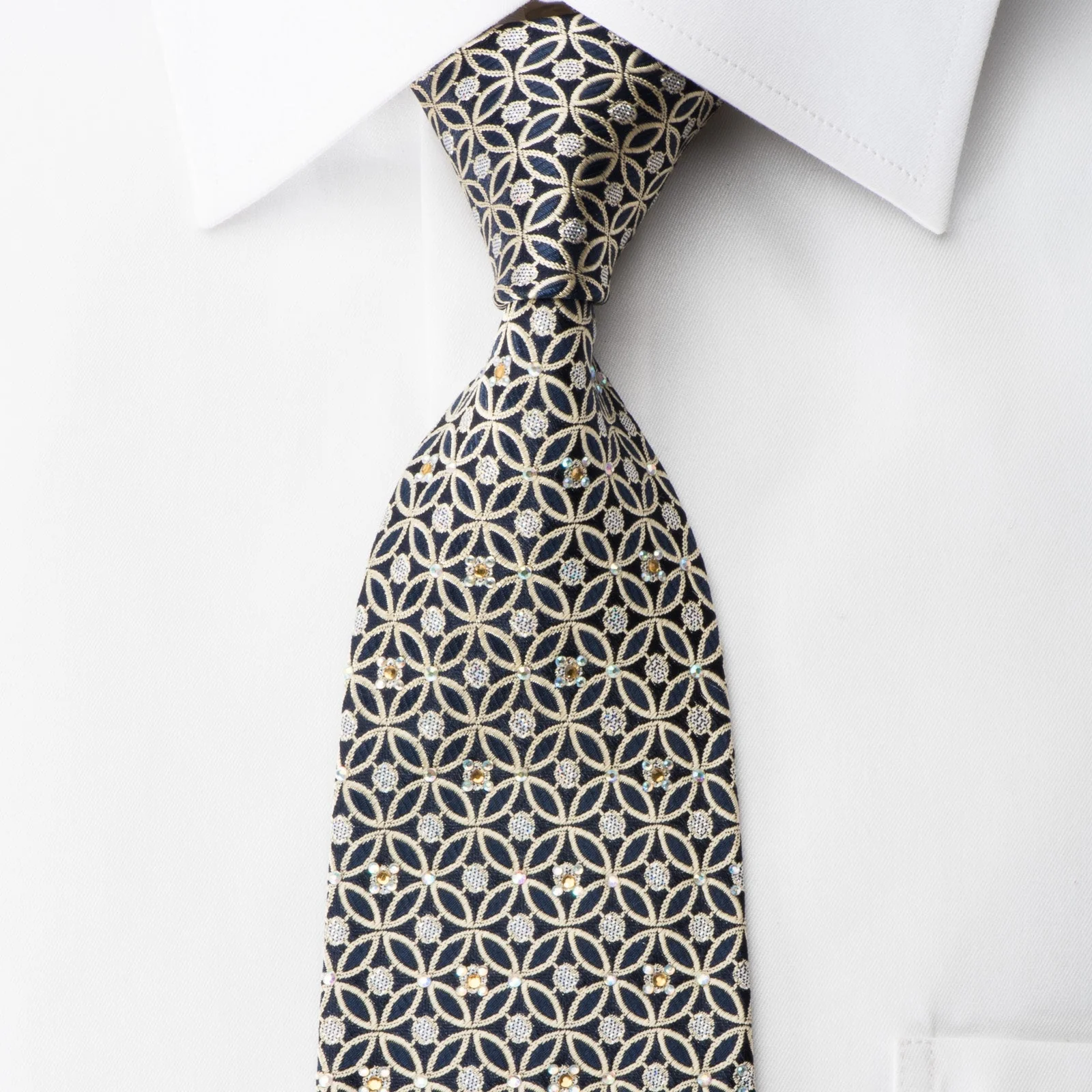 Renoma Rhinestone Silk Necktie Interlocking Circles On Navy With Silver Sparkles