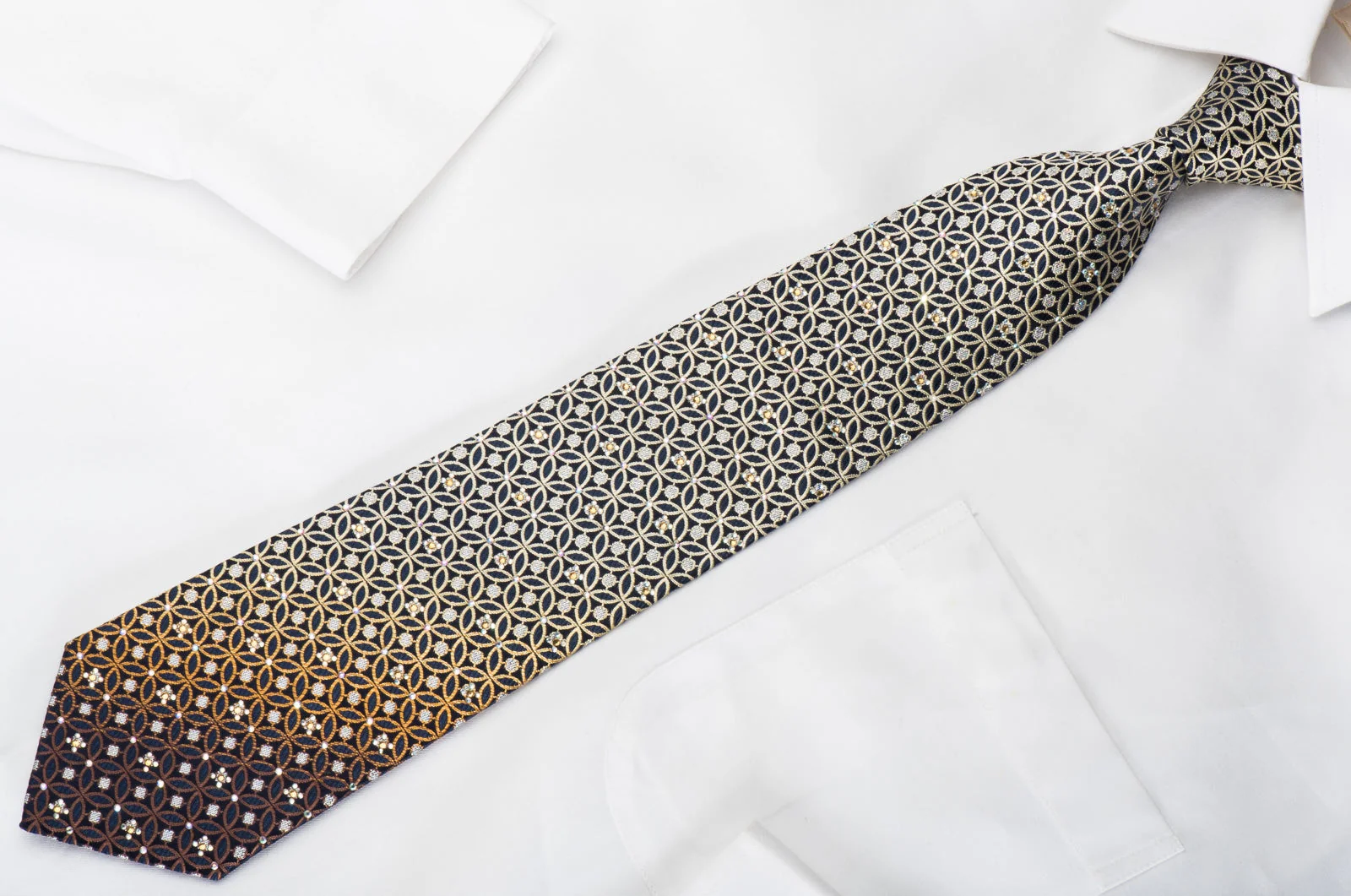 Renoma Rhinestone Silk Necktie Interlocking Circles On Navy With Silver Sparkles - Image 4