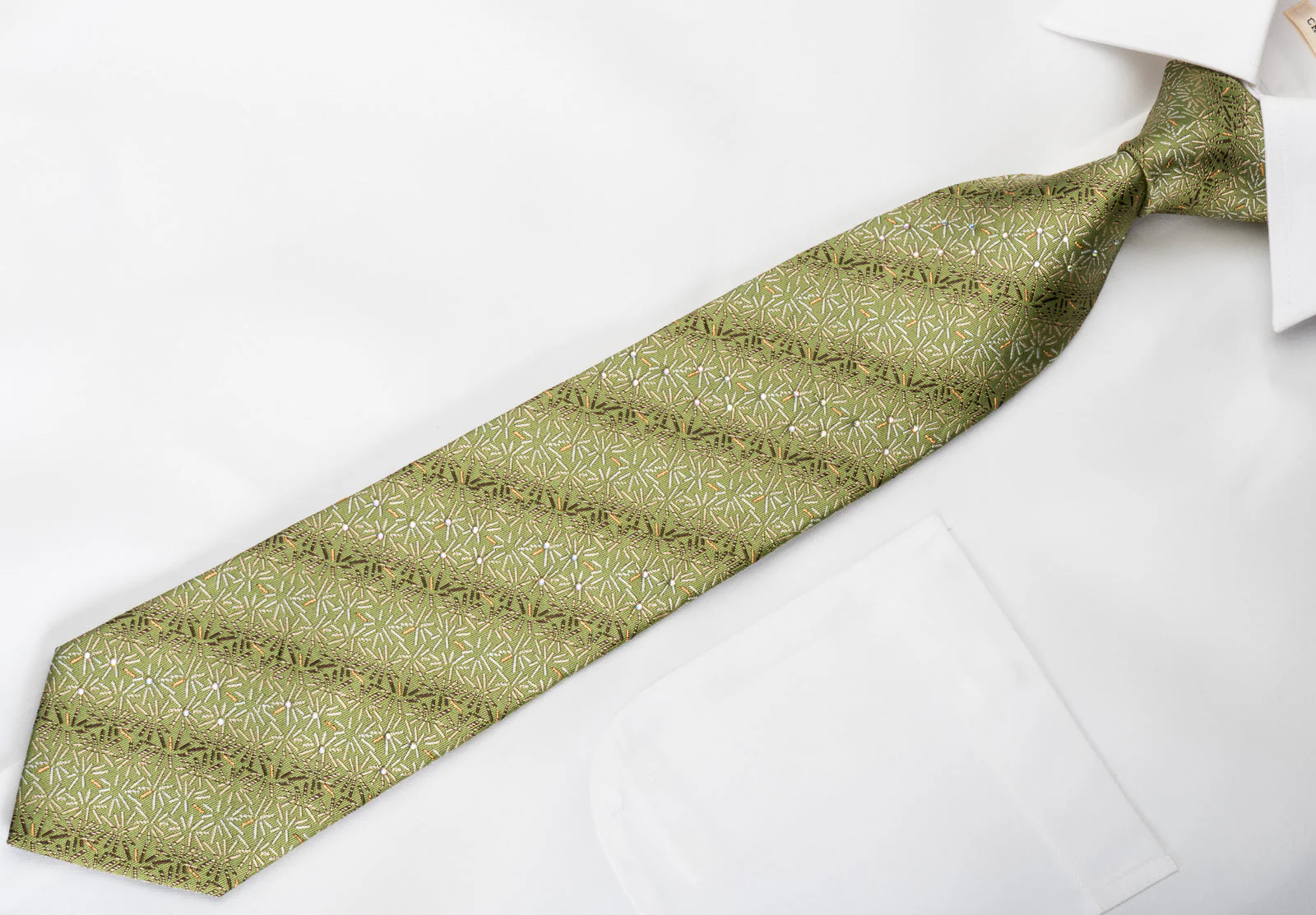 Renoma Rhinestone Silk Necktie Lines On Green With Golden Sparkles - Image 3