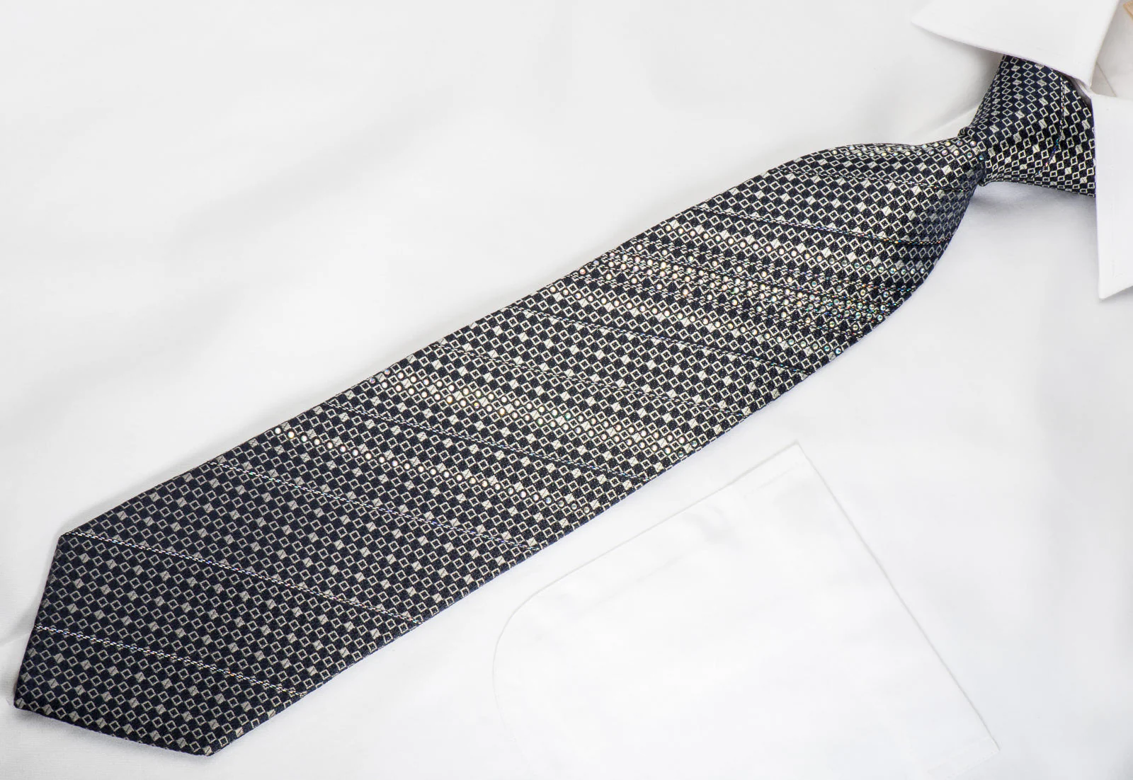 Renoma Rhinestone Silk Necktie Micro Silver Squares On Navy Blue With Silver Sparkles - Image 3