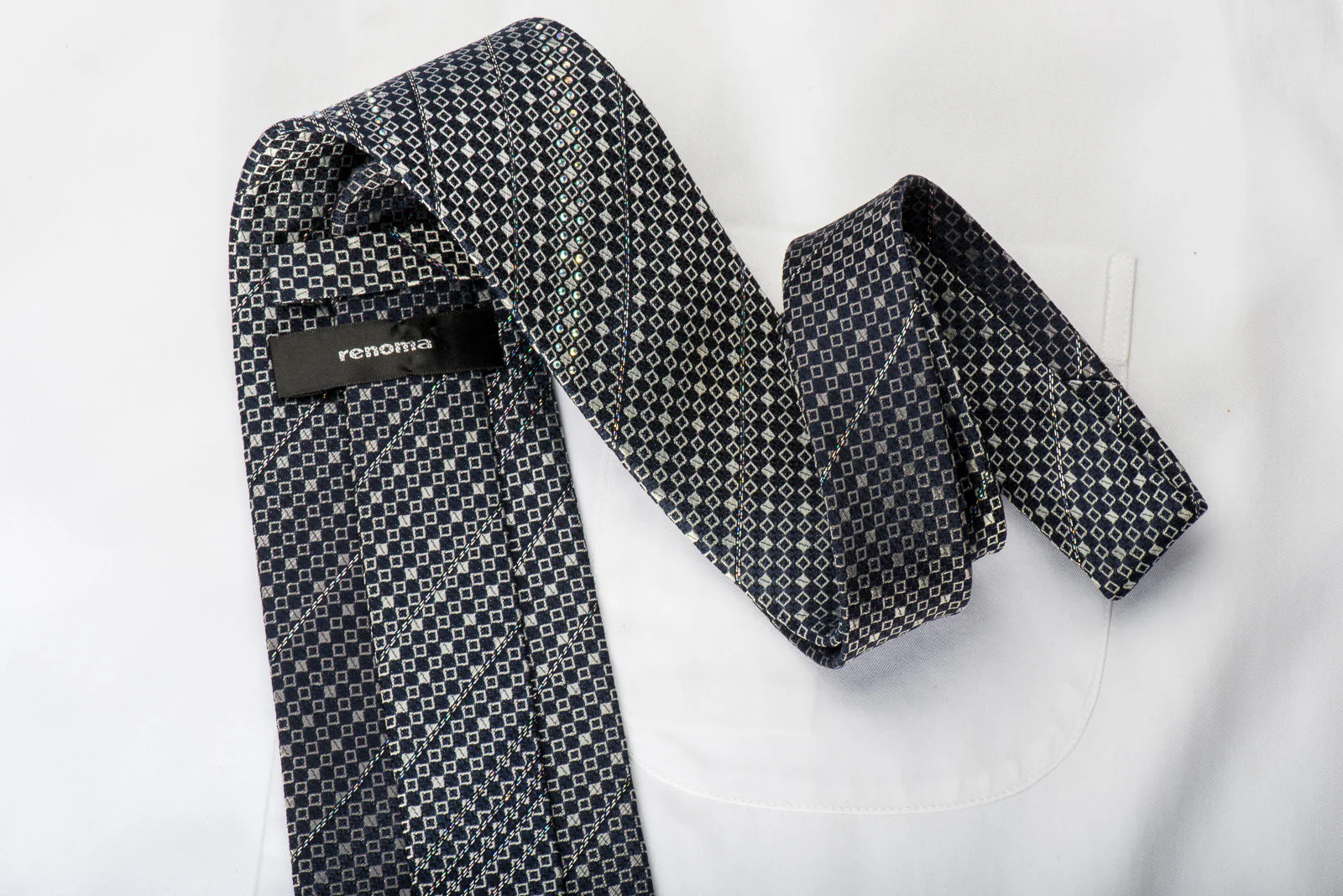 Renoma Rhinestone Silk Necktie Micro Silver Squares On Navy Blue With Silver Sparkles - Image 4
