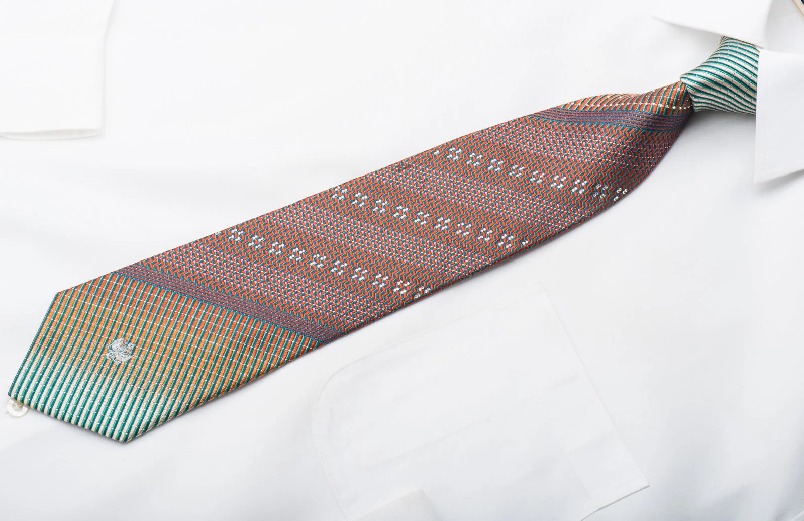 Renoma Rhinestone Silk Necktie Orange Turquoise Herringbone With Sparkles - Image 4