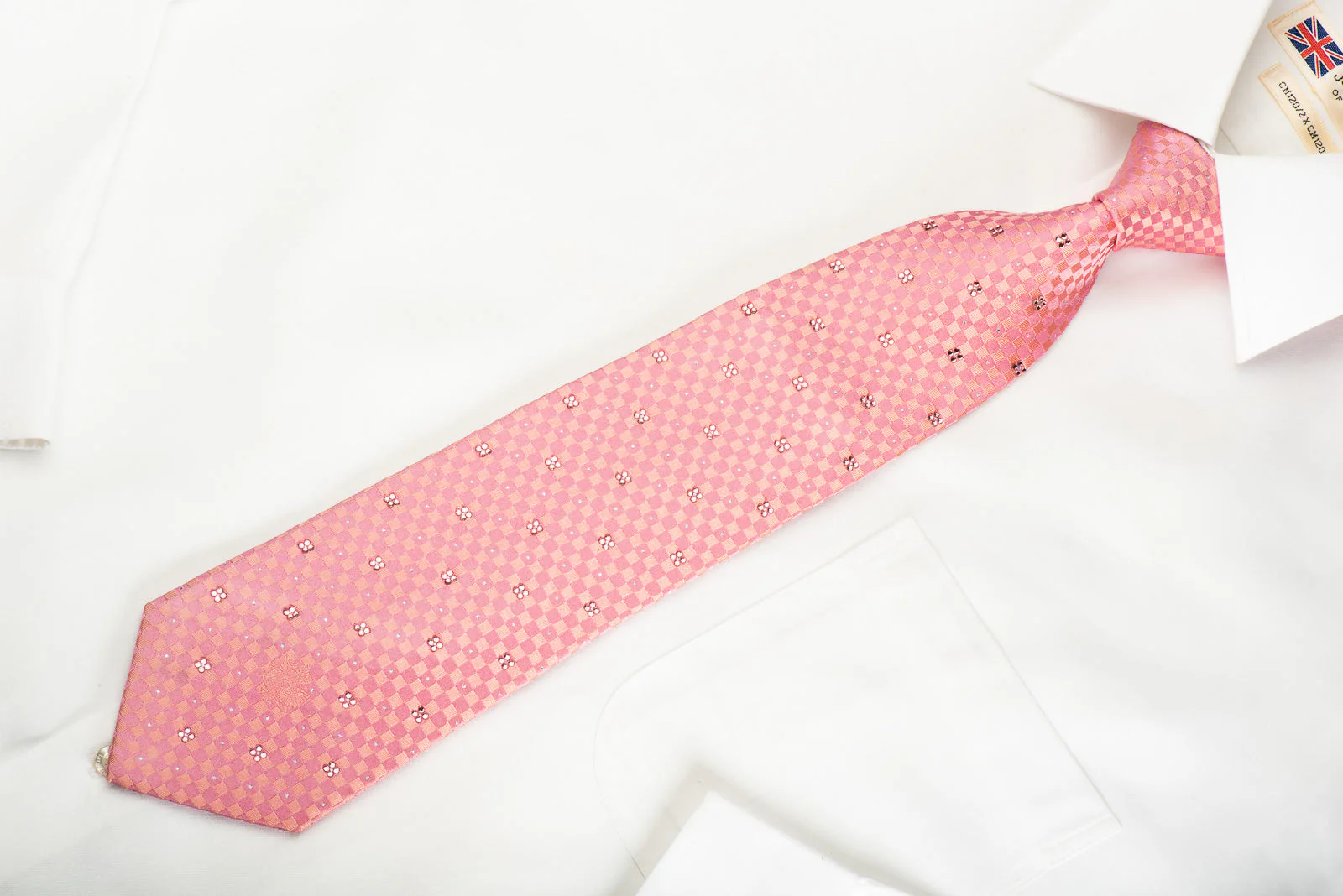 Renoma Rhinestone Silk Necktie Pink Checker With Silver Sparkles - Image 4