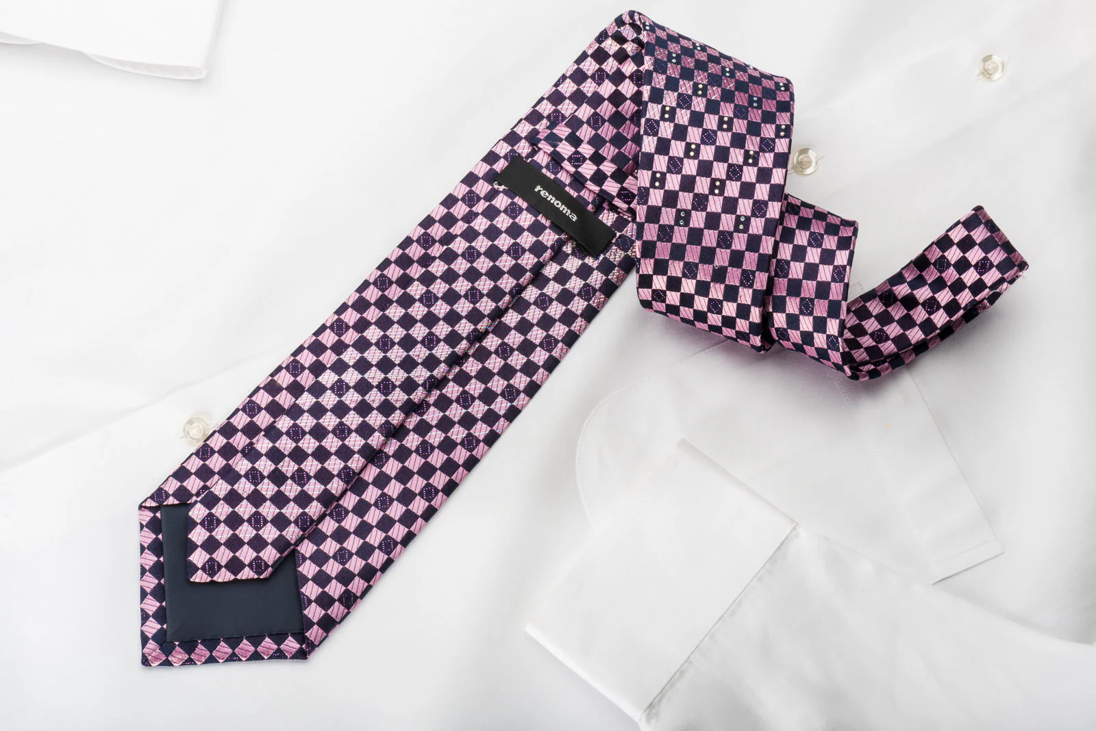 Renoma Rhinestone Silk Necktie Pink Purple Checker With Silver Sparkles - Image 3