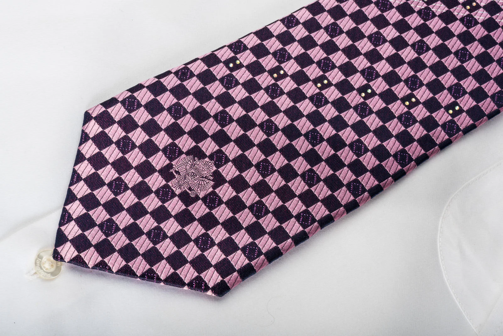Renoma Rhinestone Silk Necktie Pink Purple Checker With Silver Sparkles - Image 5