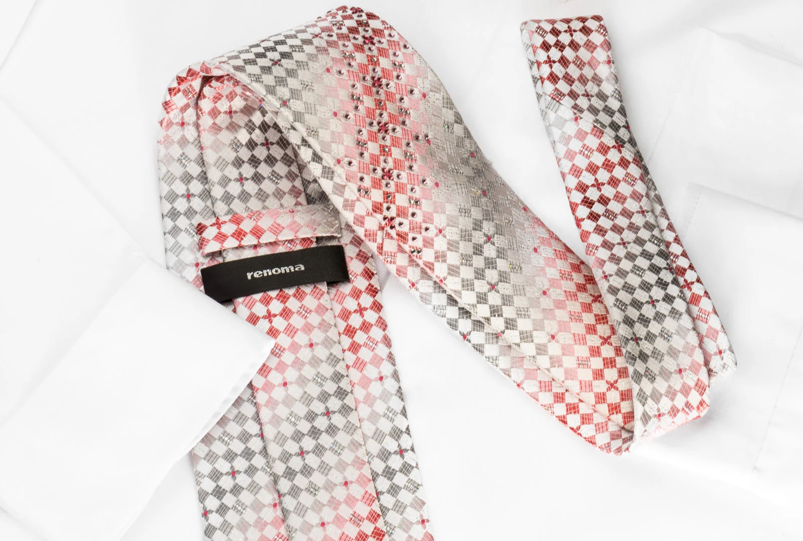 Renoma Rhinestone Silk Necktie Pink Silver Checkered On White With Silver Sparkles - Image 5