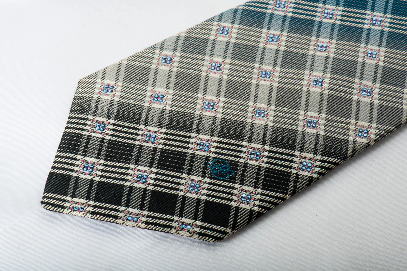 Renoma Rhinestone Silk Necktie Plaids On Blue With Silver Sparkles - Image 3