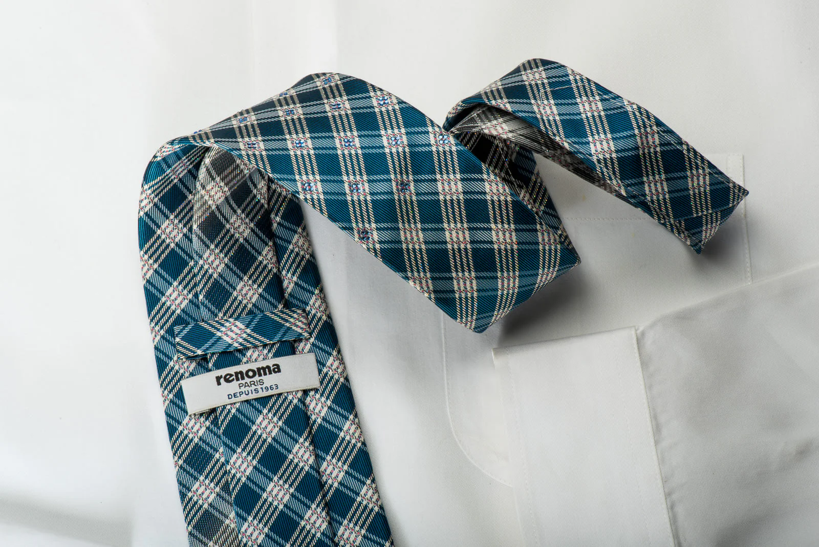 Renoma Rhinestone Silk Necktie Plaids On Blue With Silver Sparkles - Image 4