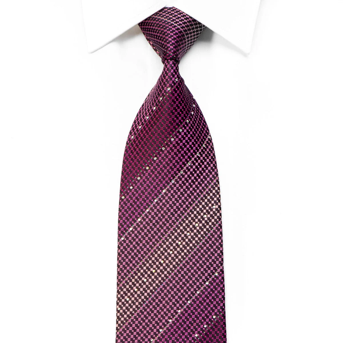Renoma Rhinestone Silk Necktie Purple Geometric On Black With Blue Sparkles
