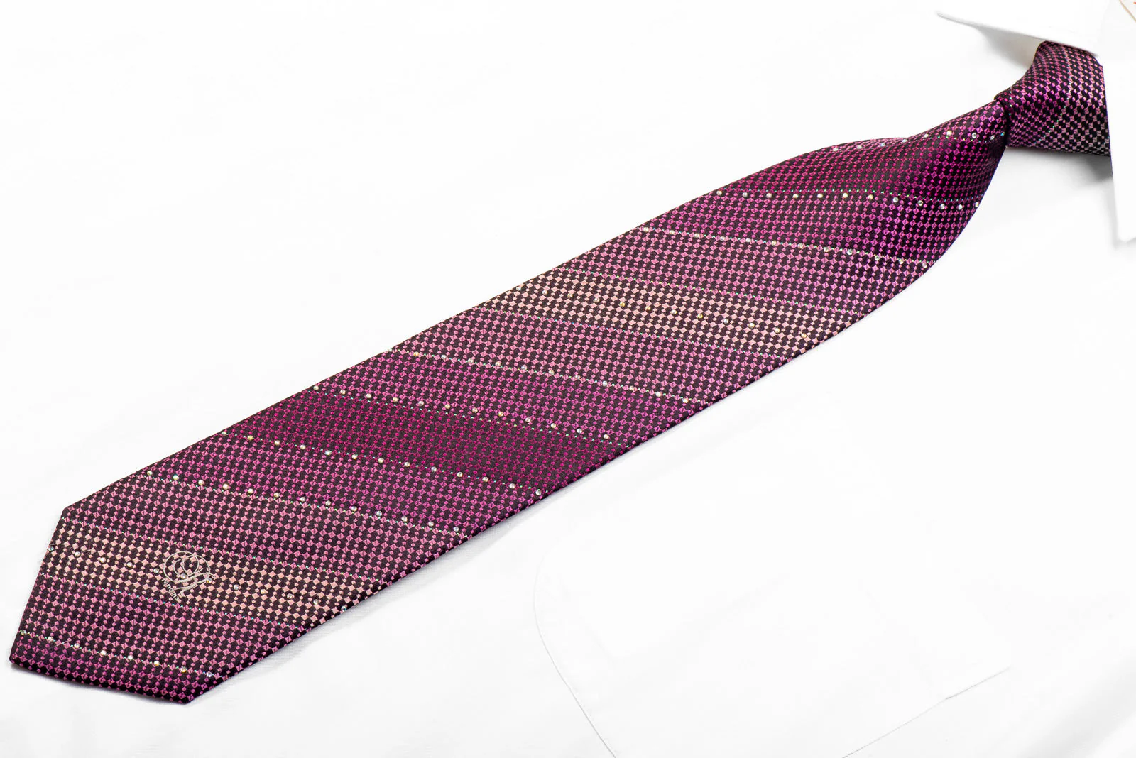 Renoma Rhinestone Silk Necktie Purple Geometric On Black With Blue Sparkles - Image 3