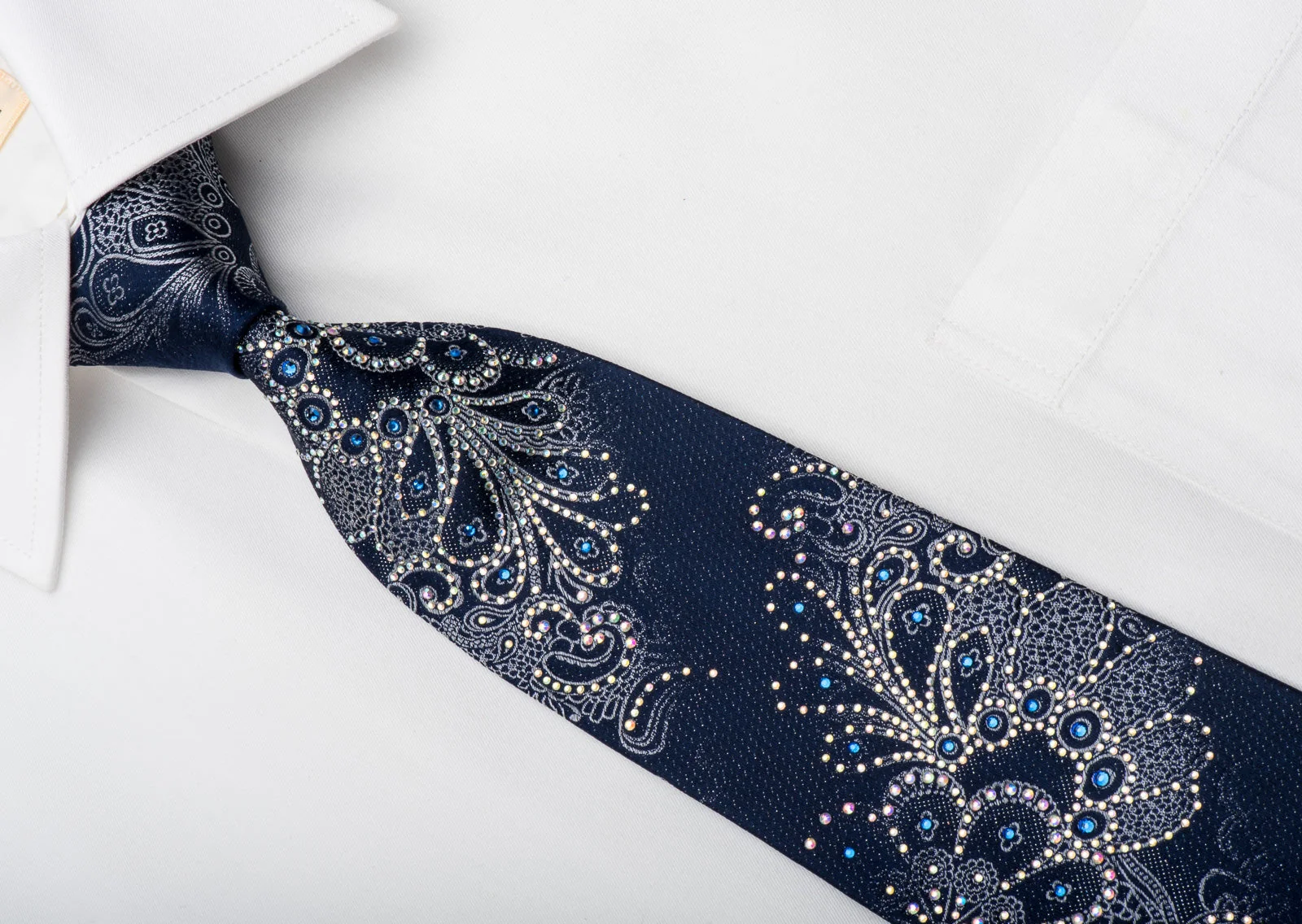 Renoma Rhinestone Silk Necktie Silver Anthemion On Blue With Sparkles - Image 2