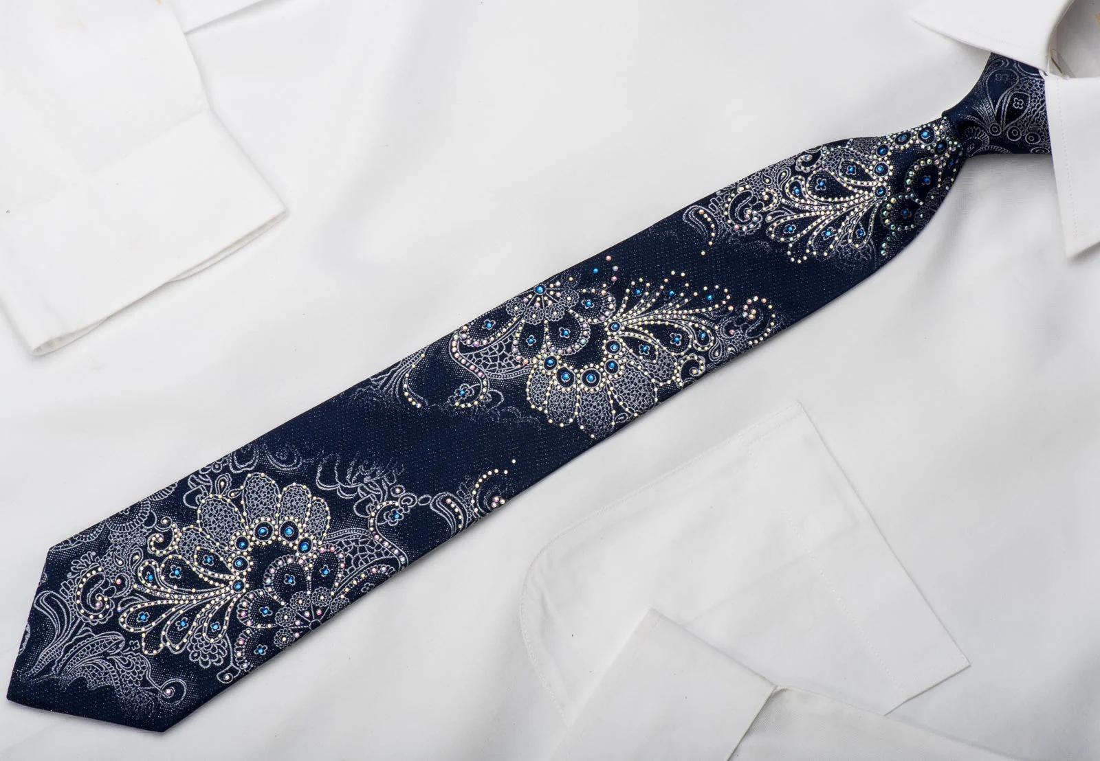 Renoma Rhinestone Silk Necktie Silver Anthemion On Blue With Sparkles - Image 3