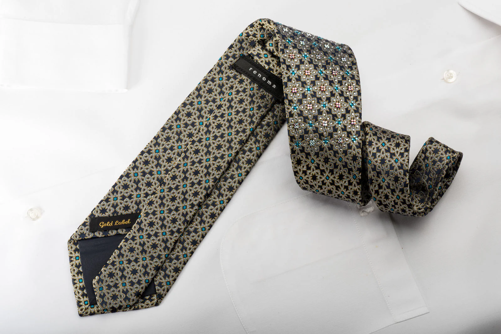 Renoma Rhinestone Silk Necktie Silver Arabesque On Navy With Gold Sparkles - Image 6