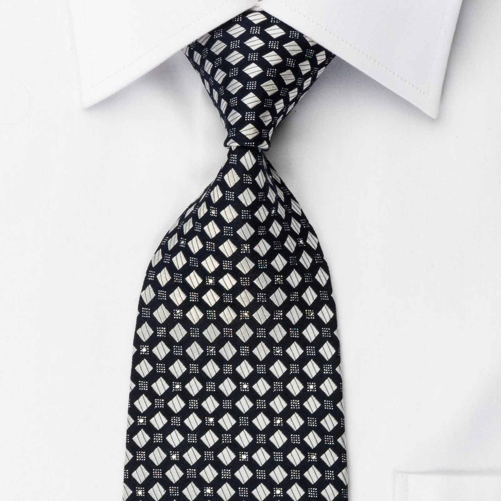 Renoma Rhinestone Silk Necktie Silver Black Checker With Silver Sparkles