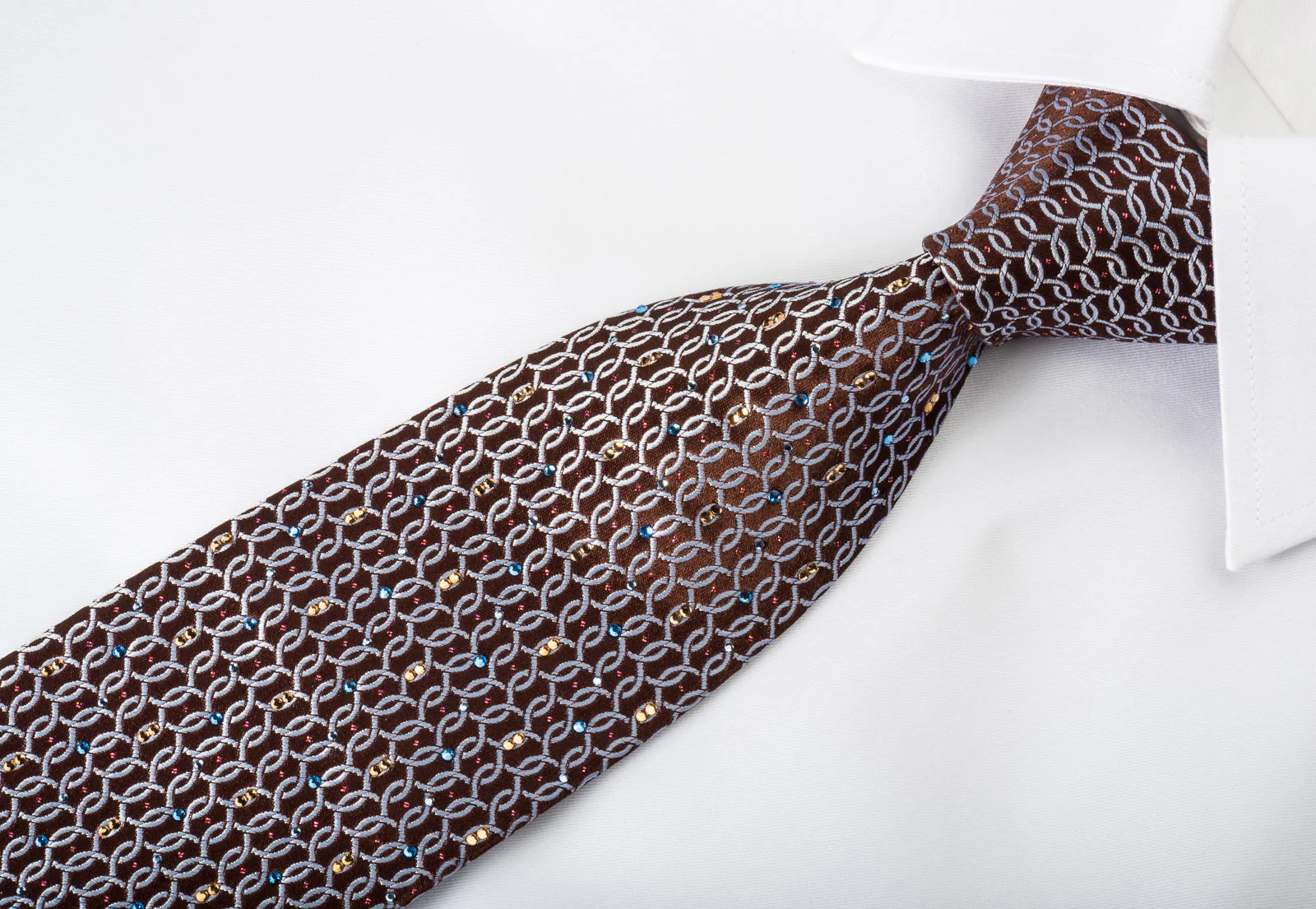 Renoma Rhinestone Silk Necktie Silver Blue Interlocking Circles On Brown With Sparkles - Image 3