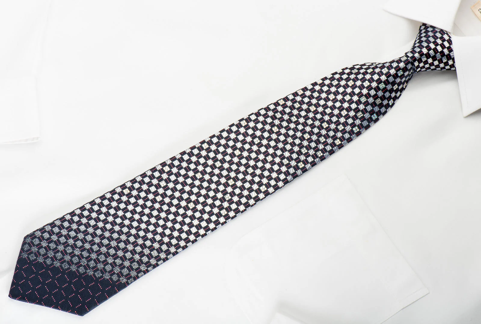 Renoma Rhinestone Silk Necktie Silver Checked On Navy With Red Sparkles - Image 4