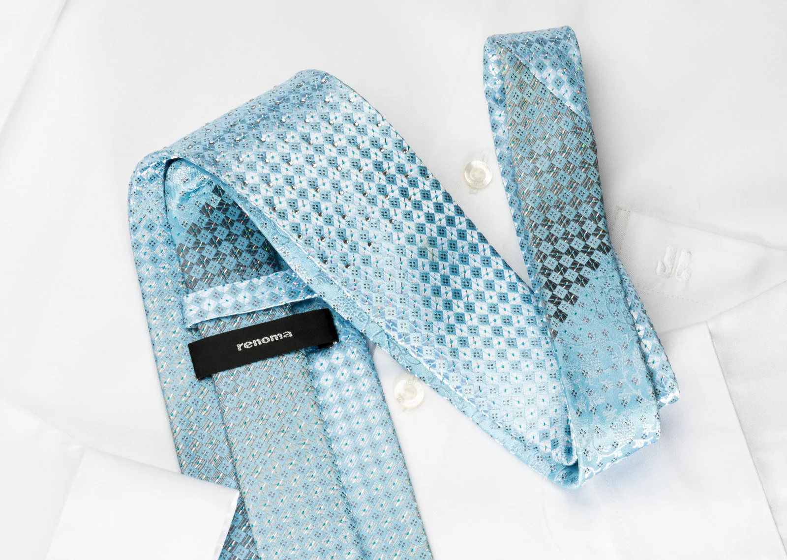 Renoma Rhinestone Silk Necktie Silver Checker On Blue With Silver Sparkles - Image 3