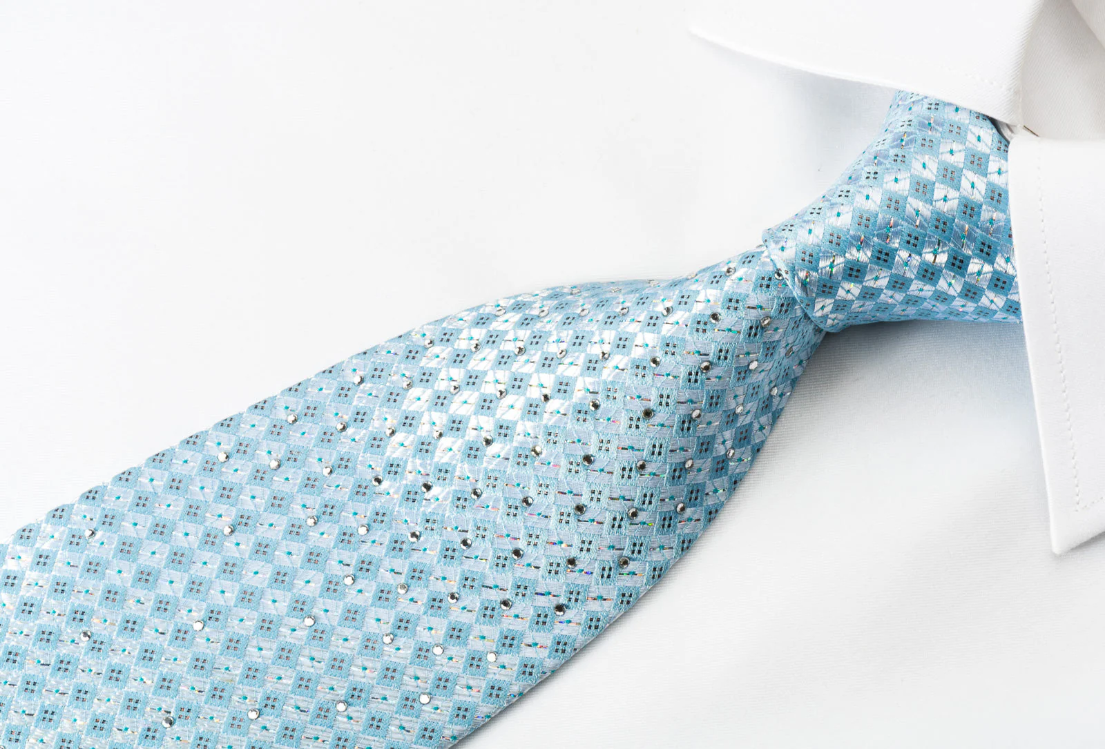 Renoma Rhinestone Silk Necktie Silver Checker On Blue With Silver Sparkles - Image 4