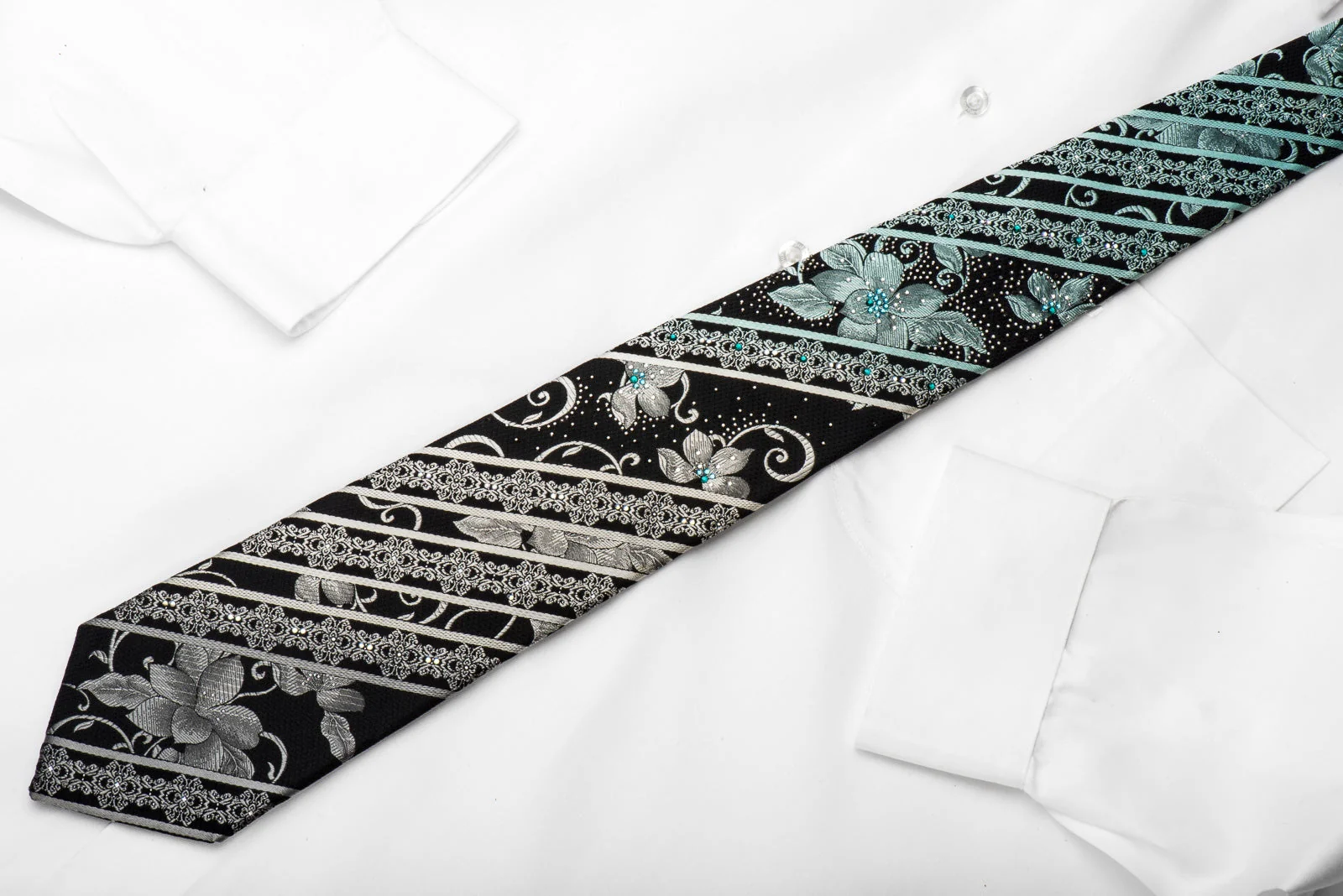 Renoma Rhinestone Silk Necktie Silver Floral On Black With Sparkles - Image 5