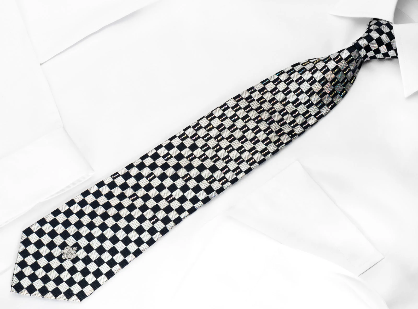 Renoma Rhinestone Silk Necktie Silver Navy Checkered With Silver Sparkles - Image 4