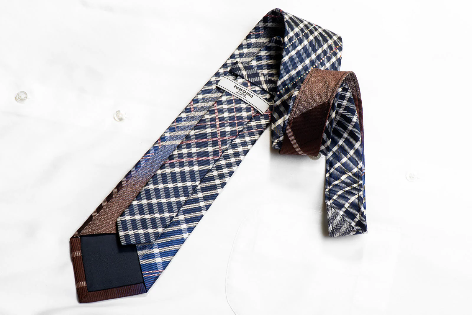 Renoma Rhinestone Silk Necktie Silver Plaid On Navy With Sparkles - Image 4