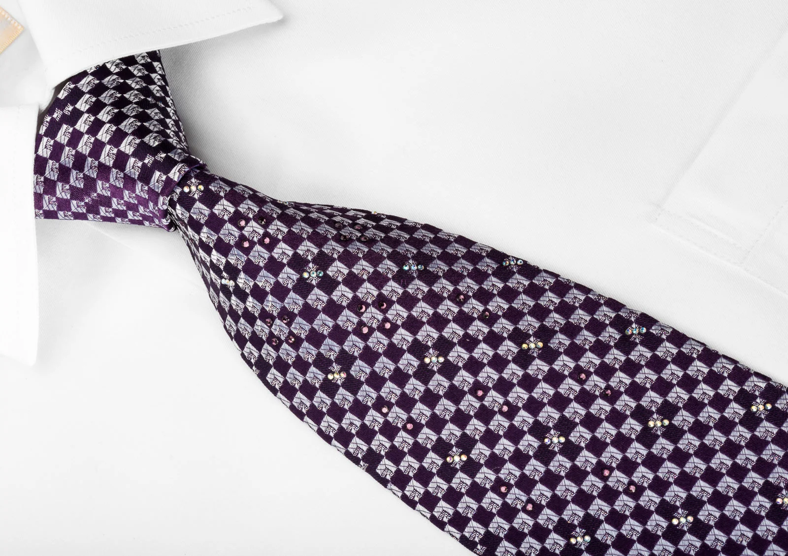 Renoma Rhinestone Silk Necktie Silver Purple Checked With Silver Sparkles - Image 2
