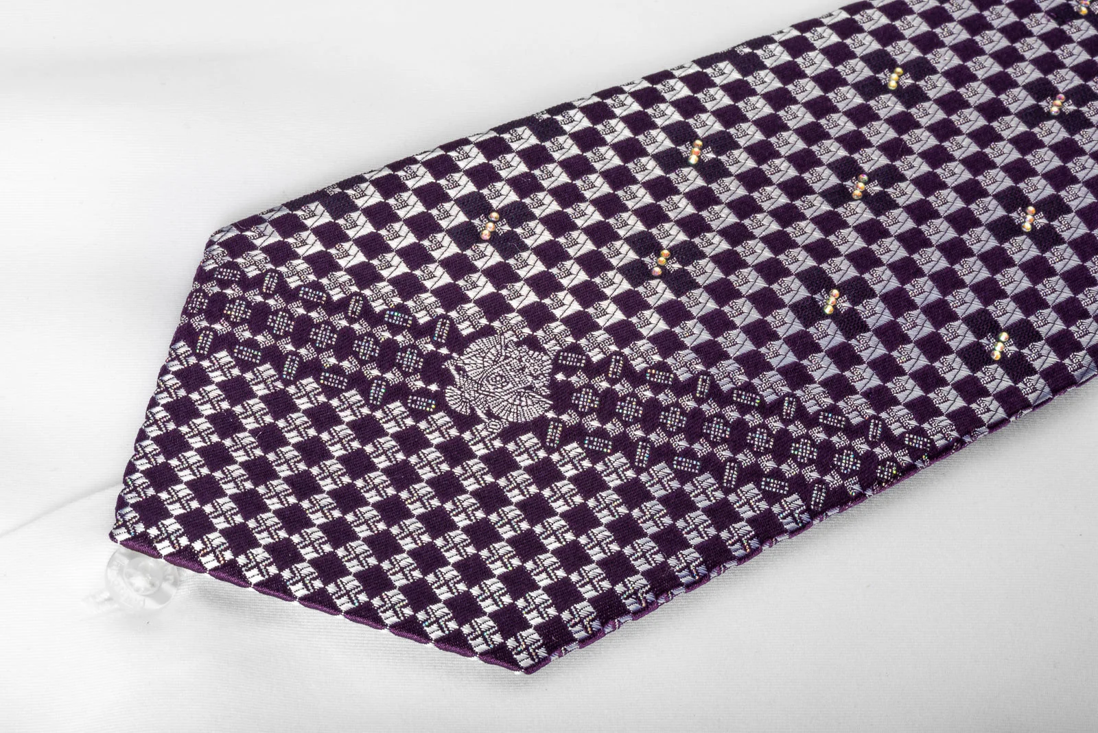 Renoma Rhinestone Silk Necktie Silver Purple Checked With Silver Sparkles - Image 3