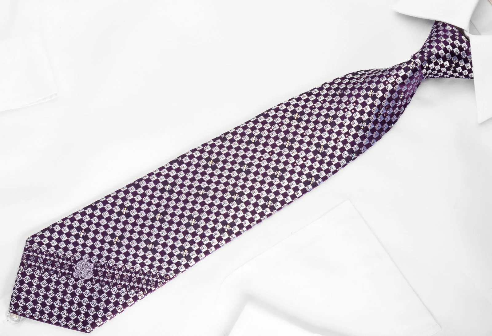 Renoma Rhinestone Silk Necktie Silver Purple Checked With Silver Sparkles - Image 4