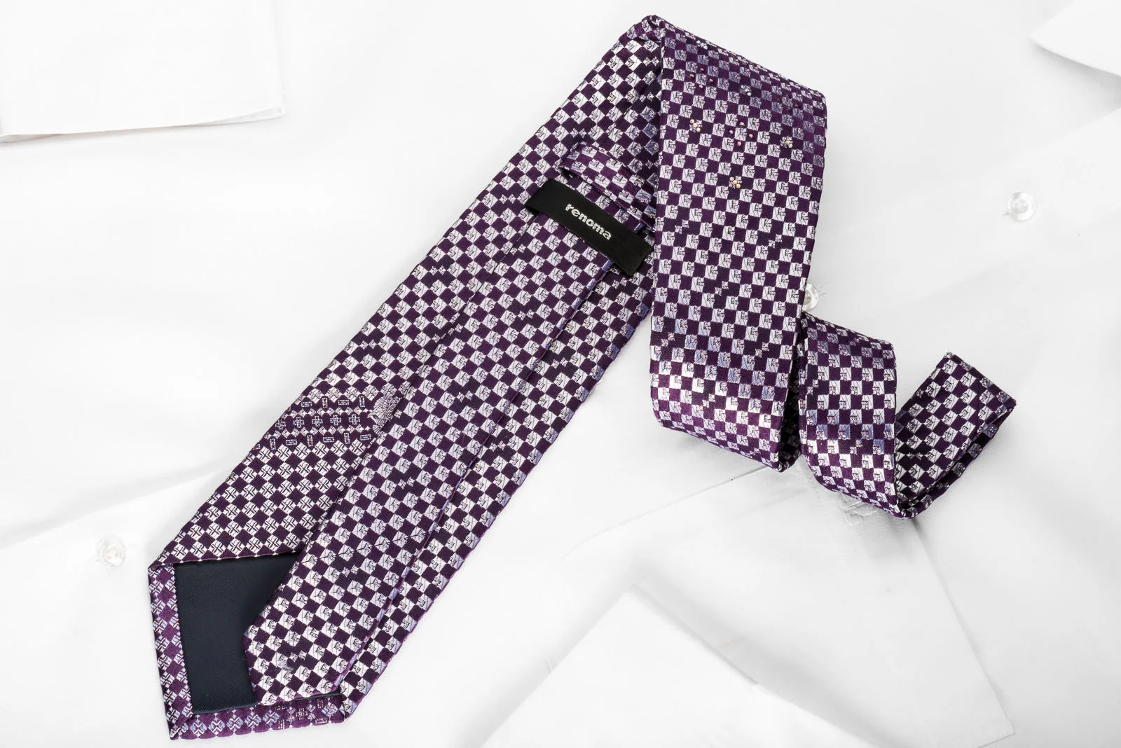 Renoma Rhinestone Silk Necktie Silver Purple Checked With Silver Sparkles - Image 5
